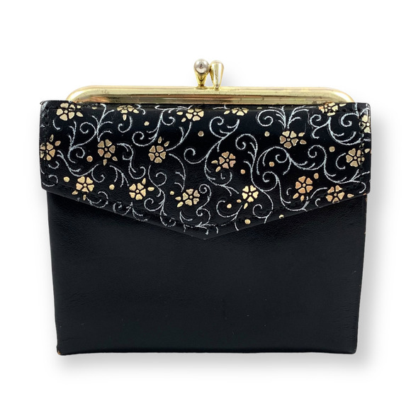 Vintage Handbags - 1950's black saddle leather gold floral kiss-lock wallet
